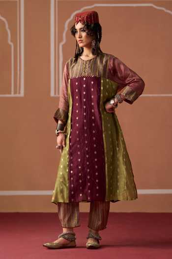 Buy Swatti Kapoor Multi Color Cotton, Chanderi, Brocade Round Neck Raina Blocked Kaftan Kurta Set Online at Aza Fashions Buy_Swatti Kapoor_Multi Color Cotton, Chanderi, Brocade Round Neck Raina Blocked Kaftan Kurta Set _Online_at_Aza_Fashions