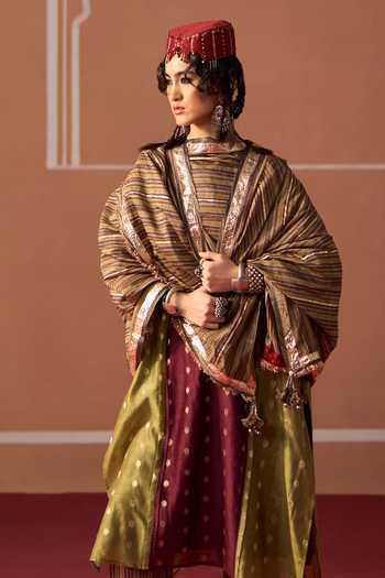 Shop Swatti Kapoor Multi Color Cotton, Chanderi, Brocade Round Neck Raina Blocked Kaftan Kurta Set Online at Aza Fashions Shop_Swatti Kapoor_Multi Color Cotton, Chanderi, Brocade Round Neck Raina Blocked Kaftan Kurta Set _Online_at_Aza_Fashions