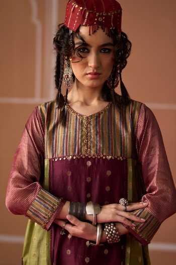 Swatti Kapoor Multi Color Cotton, Chanderi, Brocade Round Neck Raina Blocked Kaftan Kurta Set at Aza Fashions Swatti Kapoor_Multi Color Cotton, Chanderi, Brocade Round Neck Raina Blocked Kaftan Kurta Set _at_Aza_Fashions