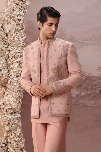 Shop Contrast By Parth Pink Silk Aaliya Embroidered Jacket And Kurta Set Online at Aza Fashions Shop_Contrast By Parth_Pink Silk Aaliya Embroidered Jacket And Kurta Set _Online_at_Aza_Fashions