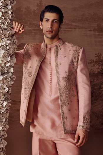Contrast By Parth_Pink Silk Aaliya Embroidered Jacket And Kurta Set _at_Aza_Fashions