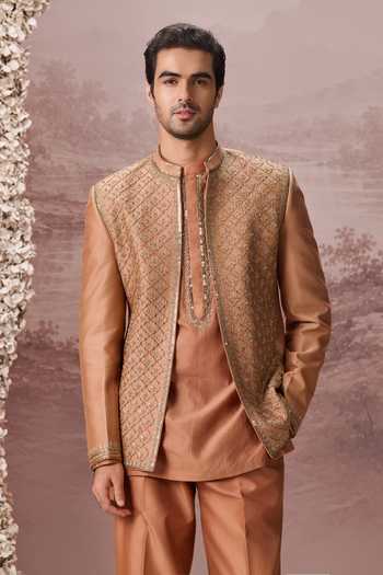 Buy Contrast By Parth Brown Silk Suhaani Embroidered Jacket And Kurta Set Online at Aza Fashions Buy_Contrast By Parth_Brown Silk Suhaani Embroidered Jacket And Kurta Set _Online_at_Aza_Fashions