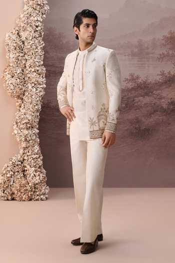 Shop Contrast By Parth Ivory Raw Silk Aiza Embroidered Jacket And Kurta Set Online at Aza Fashions Shop_Contrast By Parth_Ivory Raw Silk Aiza Embroidered Jacket And Kurta Set _Online_at_Aza_Fashions
