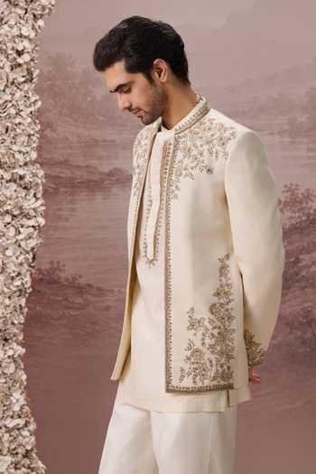 Shop Contrast By Parth Ivory Silk Zohra Embroidered Jacket And Kurta Set Online at Aza Fashions Shop_Contrast By Parth_Ivory Silk Zohra Embroidered Jacket And Kurta Set _Online_at_Aza_Fashions