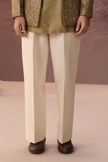 Buy_Contrast By Parth_Olive Green Raw Silk Nilofar Embroidered Jacket And Kurta Set _Online_at_Aza_Fashions