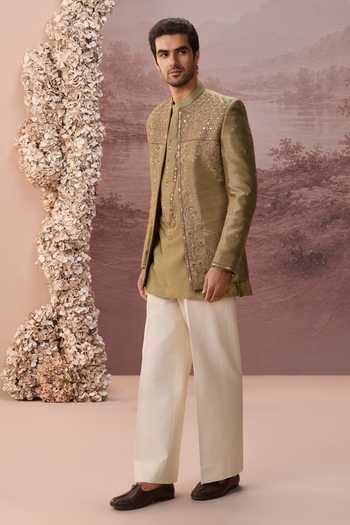 Shop_Contrast By Parth_Olive Green Raw Silk Nilofar Embroidered Jacket And Kurta Set _Online_at_Aza_Fashions