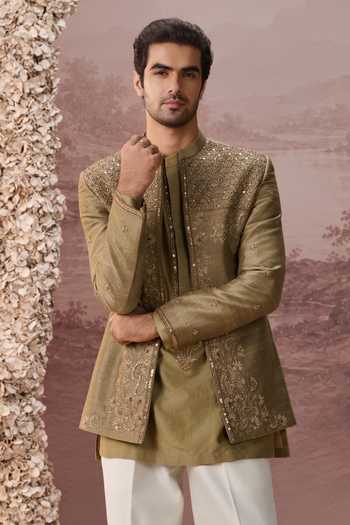 Contrast By Parth_Olive Green Raw Silk Nilofar Embroidered Jacket And Kurta Set _at_Aza_Fashions