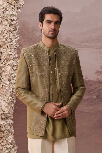 Buy_Contrast By Parth_Olive Green Raw Silk Nilofar Embroidered Jacket And Kurta Set 