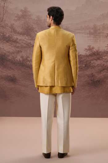 Shop_Contrast By Parth_Yellow Raw Silk Shirin Embroidered Jacket And Kurta Set _Online_at_Aza_Fashions