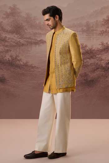 Contrast By Parth Yellow Raw Silk Shirin Embroidered Jacket And Kurta Set at Aza Fashions Contrast By Parth_Yellow Raw Silk Shirin Embroidered Jacket And Kurta Set _at_Aza_Fashions