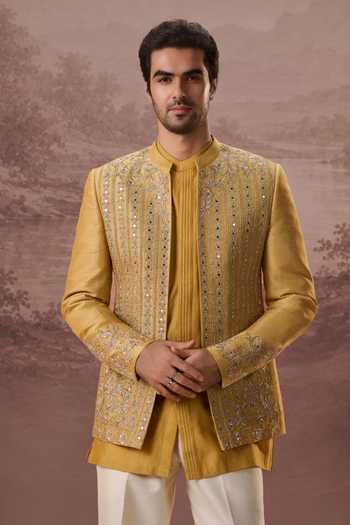 Buy_Contrast By Parth_Yellow Raw Silk Shirin Embroidered Jacket And Kurta Set 