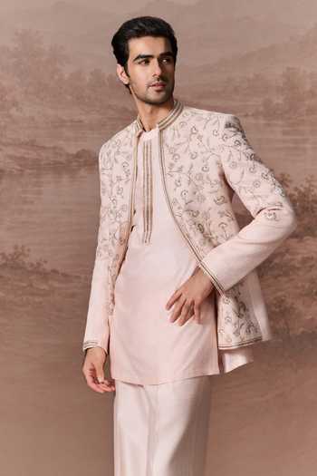 Buy_Contrast By Parth_Pink Silk Mehak Embroidered Jacket And Kurta Set _Online_at_Aza_Fashions