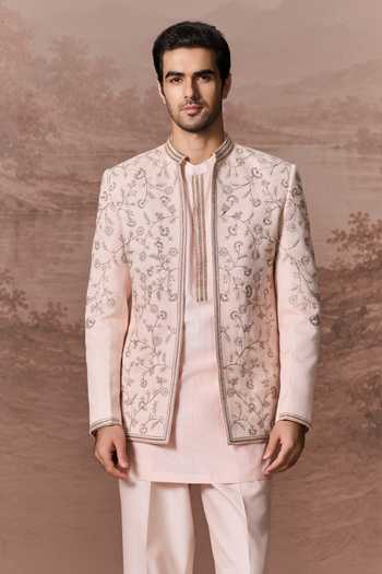 Shop_Contrast By Parth_Pink Silk Mehak Embroidered Jacket And Kurta Set _Online_at_Aza_Fashions