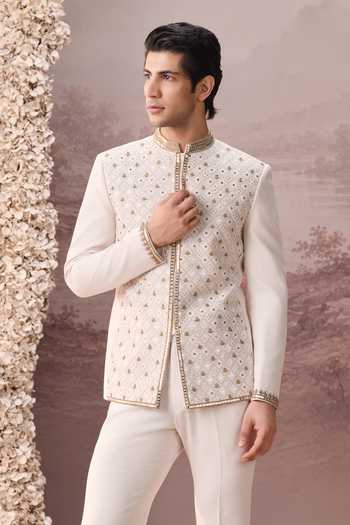 Contrast By Parth Ivory Twill, Suiting Embroidery, Sequins Shabnam Bandhgala Set Online at Aza Fashions Contrast By Parth_Ivory Twill, Suiting Embroidery, Sequins Shabnam Bandhgala Set _Online_at_Aza_Fashions