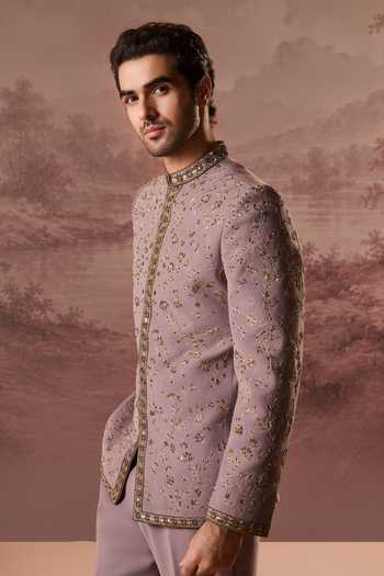 Contrast By Parth Purple Lycra, Suiting Embroidery Gulrez Bandhgala Set Online at Aza Fashions Contrast By Parth_Purple Lycra, Suiting Embroidery Gulrez Bandhgala Set _Online_at_Aza_Fashions