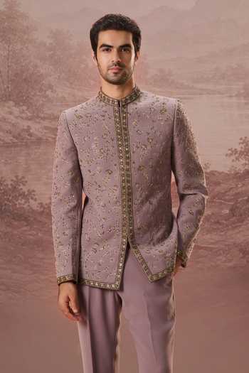 Buy Contrast By Parth Purple Lycra, Suiting Embroidery Gulrez Bandhgala Set Online at Aza Fashions Buy_Contrast By Parth_Purple Lycra, Suiting Embroidery Gulrez Bandhgala Set _Online_at_Aza_Fashions
