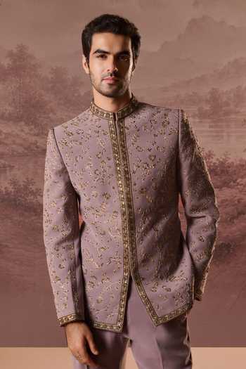 Shop Contrast By Parth Purple Lycra, Suiting Embroidery Gulrez Bandhgala Set Online at Aza Fashions Shop_Contrast By Parth_Purple Lycra, Suiting Embroidery Gulrez Bandhgala Set _Online_at_Aza_Fashions