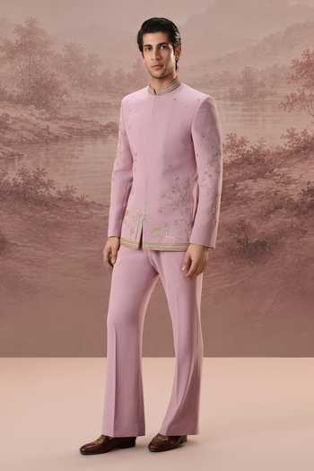 Contrast By Parth Pink Lycra, Suiting Embroidery, Zari Farha Bandhgala Set Online at Aza Fashions Contrast By Parth_Pink Lycra, Suiting Embroidery, Zari Farha Bandhgala Set _Online_at_Aza_Fashions