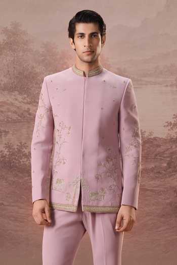 Shop Contrast By Parth Pink Lycra, Suiting Embroidery, Zari Farha Bandhgala Set Online at Aza Fashions Shop_Contrast By Parth_Pink Lycra, Suiting Embroidery, Zari Farha Bandhgala Set _Online_at_Aza_Fashions