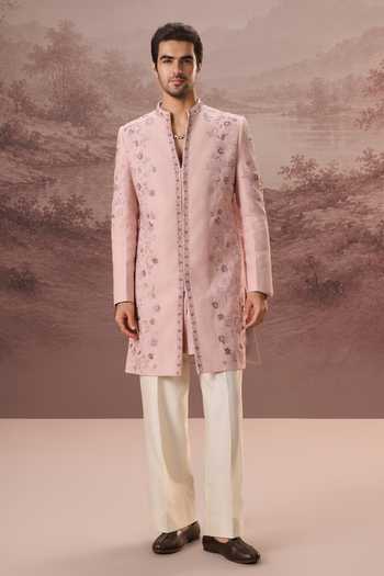 Contrast By Parth_Pink Silk Yasmeen Embroidered Sherwani Set _Online_at_Aza_Fashions
