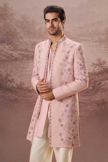 Buy_Contrast By Parth_Pink Silk Yasmeen Embroidered Sherwani Set _Online_at_Aza_Fashions