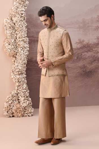 Shop Contrast By Parth Beige Silk, Twill Rooh Embroidered Nehru Jacket And Kurta Set Online at Aza Fashions Shop_Contrast By Parth_Beige Silk, Twill Rooh Embroidered Nehru Jacket And Kurta Set _Online_at_Aza_Fashions