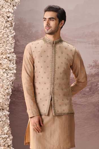 Contrast By Parth Beige Silk, Twill Rooh Embroidered Nehru Jacket And Kurta Set at Aza Fashions Contrast By Parth_Beige Silk, Twill Rooh Embroidered Nehru Jacket And Kurta Set _at_Aza_Fashions