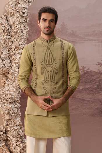 Buy_Contrast By Parth_Green Silk Zeeshan Embroidered Nehru Jacket And Kurta Set _Online_at_Aza_Fashions