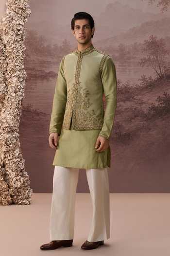 Shop Contrast By Parth Green Silk, Twill Sarang Embroidered Nehru Jacket And Kurta Set Online at Aza Fashions Shop_Contrast By Parth_Green Silk, Twill Sarang Embroidered Nehru Jacket And Kurta Set _Online_at_Aza_Fashions