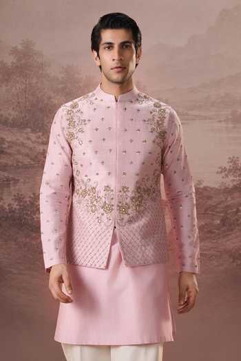 Contrast By Parth Pink Raw Silk Ishaani Embroidered Nehru Jacket And Kurta Set Online at Aza Fashions Contrast By Parth_Pink Raw Silk Ishaani Embroidered Nehru Jacket And Kurta Set _Online_at_Aza_Fashions