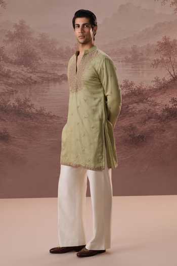Contrast By Parth_Green Silk Hina Embroidered Kurta Set _Online_at_Aza_Fashions