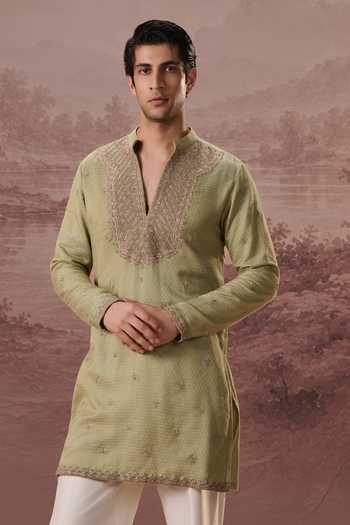 Buy_Contrast By Parth_Green Silk Hina Embroidered Kurta Set _Online_at_Aza_Fashions