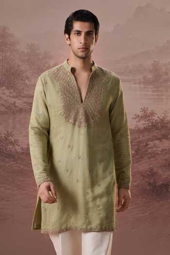 Shop_Contrast By Parth_Green Silk Hina Embroidered Kurta Set _Online_at_Aza_Fashions