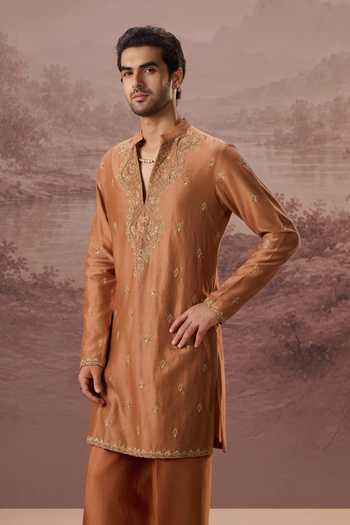 Contrast By Parth_Brown Silk Suhaan Embroidered Kurta Set _Online_at_Aza_Fashions