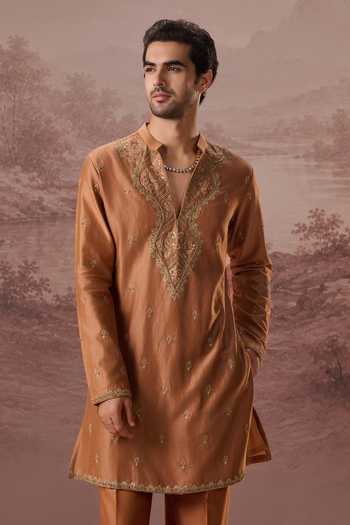 Buy_Contrast By Parth_Brown Silk Suhaan Embroidered Kurta Set _Online_at_Aza_Fashions