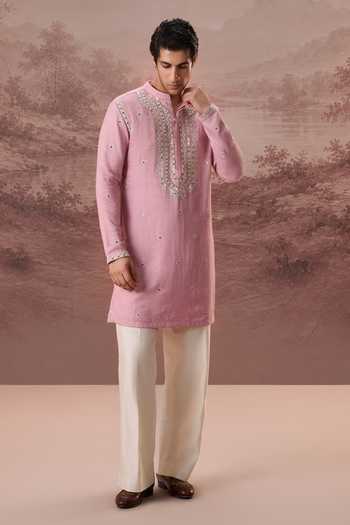 Buy_Contrast By Parth_Pink Silk Armaan Mirror Embroidered Kurta Set _Online_at_Aza_Fashions