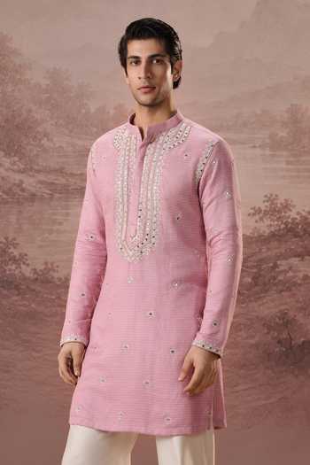 Shop_Contrast By Parth_Pink Silk Armaan Mirror Embroidered Kurta Set _Online_at_Aza_Fashions