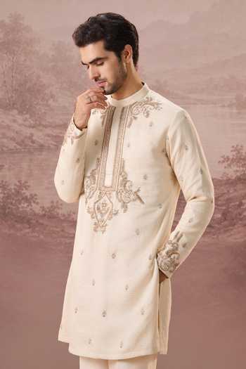 Shop_Contrast By Parth_Ivory Silk Ismat Embroidered Kurta Set _Online_at_Aza_Fashions