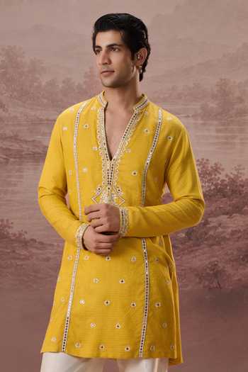 Shop_Contrast By Parth_Yellow Silk Suraiya Embroidered Kurta Set _Online_at_Aza_Fashions
