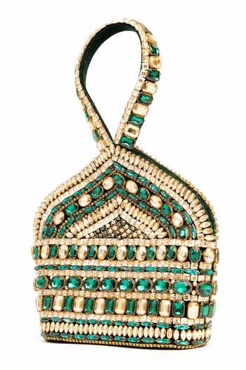 Shop Eena Green Beads, Stones, Crystals Zaina Embellished Clutch Online at Aza Fashions Shop_Eena_Green Beads, Stones, Crystals Zaina Embellished Clutch _Online_at_Aza_Fashions