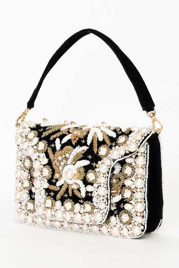 Shop Eena Black Saira Pearl Embellished Clutch Online at Aza Fashions Shop_Eena_Black Saira Pearl Embellished Clutch _Online_at_Aza_Fashions