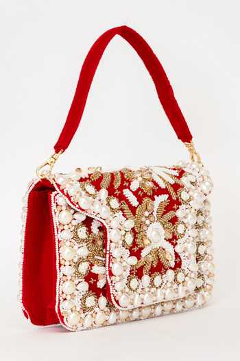 Eena Red Saira Crystal And Pearl Embellished Clutch Online at Aza Fashions Eena_Red Saira Crystal And Pearl Embellished Clutch _Online_at_Aza_Fashions