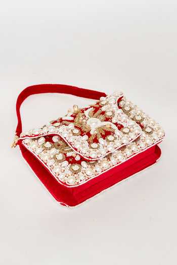 Shop Eena Red Saira Crystal And Pearl Embellished Clutch Online at Aza Fashions Shop_Eena_Red Saira Crystal And Pearl Embellished Clutch _Online_at_Aza_Fashions