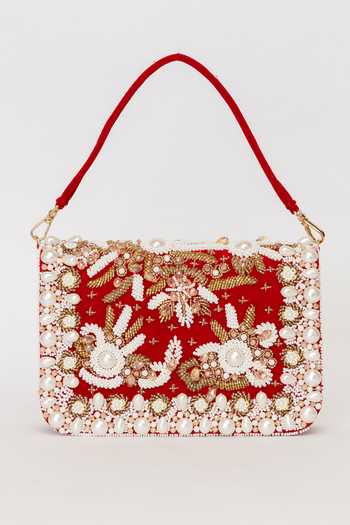Eena Red Saira Crystal And Pearl Embellished Clutch at Aza Fashions Eena_Red Saira Crystal And Pearl Embellished Clutch _at_Aza_Fashions