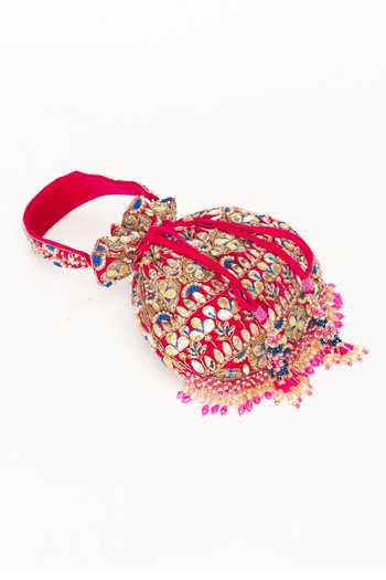 Eena Pink Embroidery, Beads, Mirrors, Crystals, Tassels, Gota Patti Ravya Potli Online at Aza Fashions Eena_Pink Embroidery, Beads, Mirrors, Crystals, Tassels, Gota Patti Ravya Potli _Online_at_Aza_Fashions