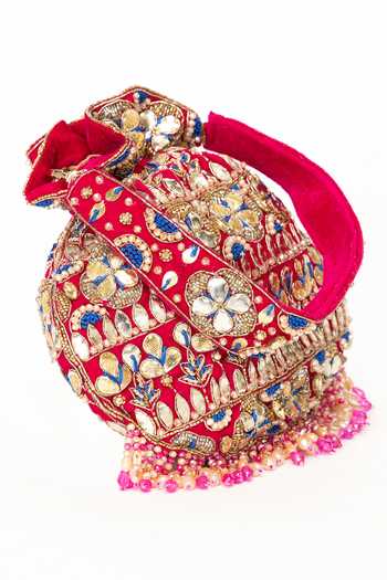Shop Eena Pink Embroidery, Beads, Mirrors, Crystals, Tassels, Gota Patti Ravya Potli Online at Aza Fashions Shop_Eena_Pink Embroidery, Beads, Mirrors, Crystals, Tassels, Gota Patti Ravya Potli _Online_at_Aza_Fashions