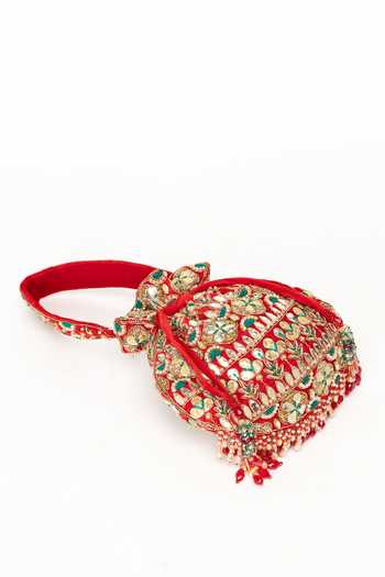 Eena Red Embroidery, Beads, Pearls, Zari, Mirrors, Crystals, Ravya Work Potli Bag Online at Aza Fashions Eena_Red Embroidery, Beads, Pearls, Zari, Mirrors, Crystals, Ravya Work Potli Bag _Online_at_Aza_Fashions