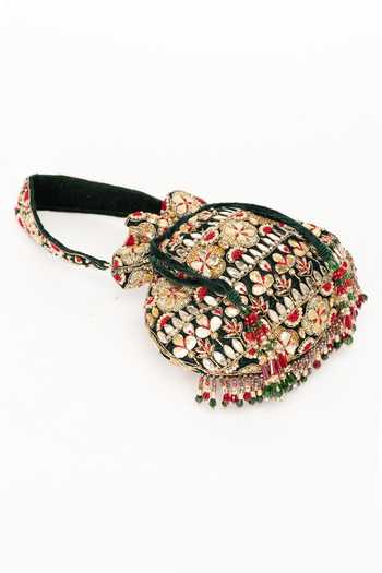 Eena Emerald Green Embroidery, Beads, Mirrors, Crystals, Tassels, Gota Ravya Potli Online at Aza Fashions Eena_Emerald Green Embroidery, Beads, Mirrors, Crystals, Tassels, Gota Ravya Potli _Online_at_Aza_Fashions