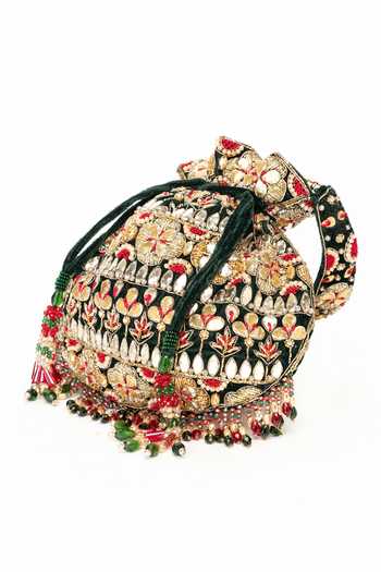 Eena Emerald Green Embroidery, Beads, Mirrors, Crystals, Tassels, Gota Ravya Potli at Aza Fashions Eena_Emerald Green Embroidery, Beads, Mirrors, Crystals, Tassels, Gota Ravya Potli _at_Aza_Fashions