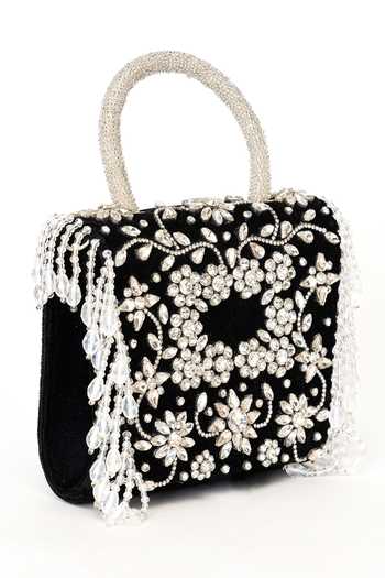 Eena Black Minali Floral Embellished Clutch at Aza Fashions Eena_Black Minali Floral Embellished Clutch _at_Aza_Fashions
